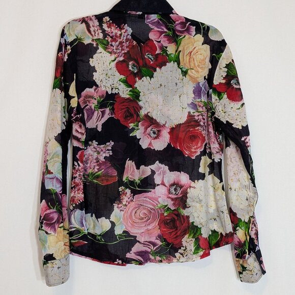 COTTON DAISY Navy Floral Lightweight Cotton Long Sleeve Button Blouse; Size L - Picture 3 of 6